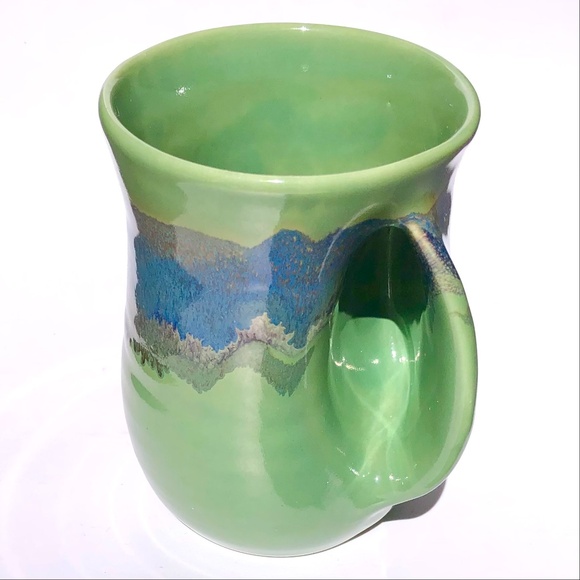 Left Handed Mug Neher Signed Pottery Green Blue Drip Glossy Glaze 2017 Tall Cup - Picture 6 of 15